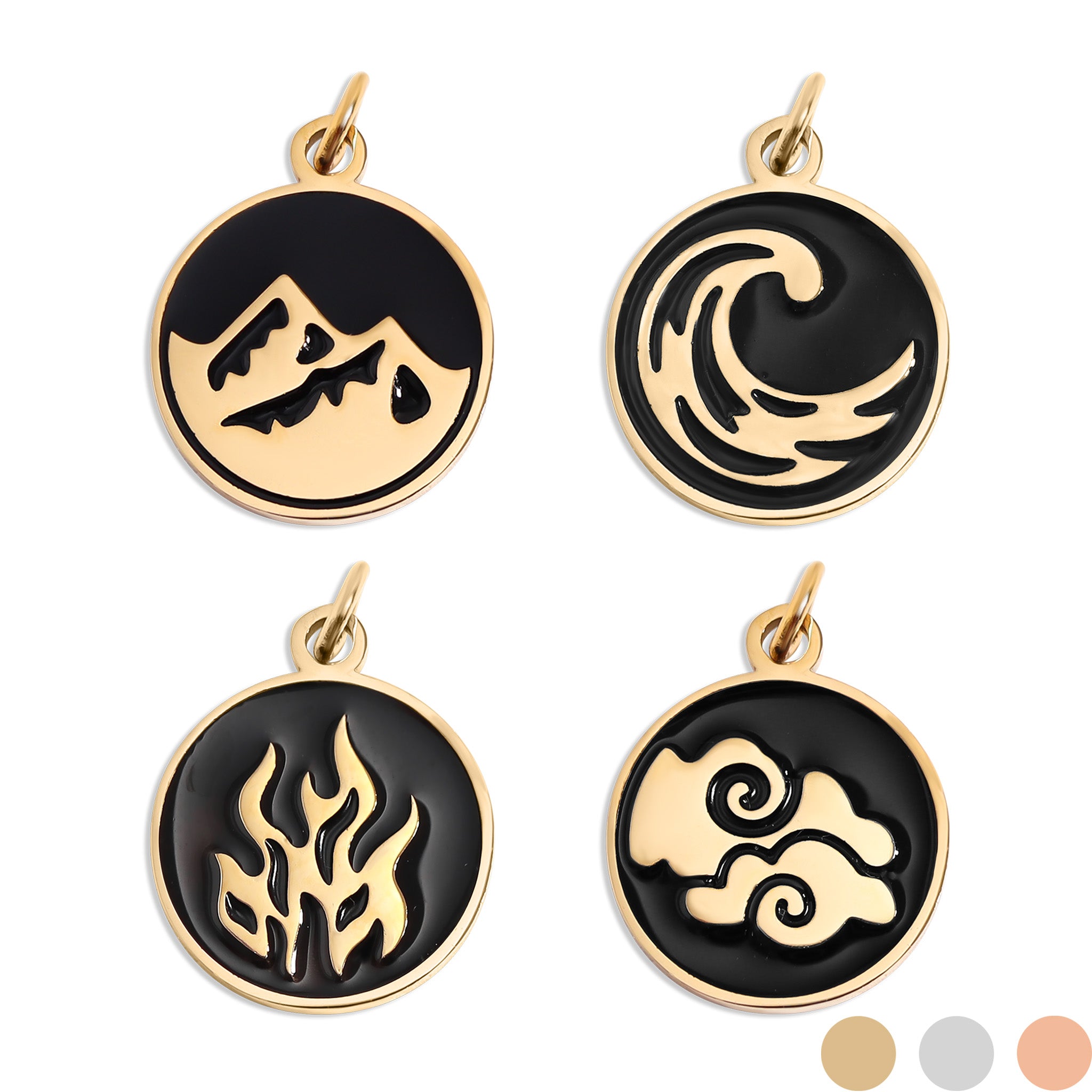Elemental Charms: 18K Gold & Steel Jewelry for Earth, Fire, Water